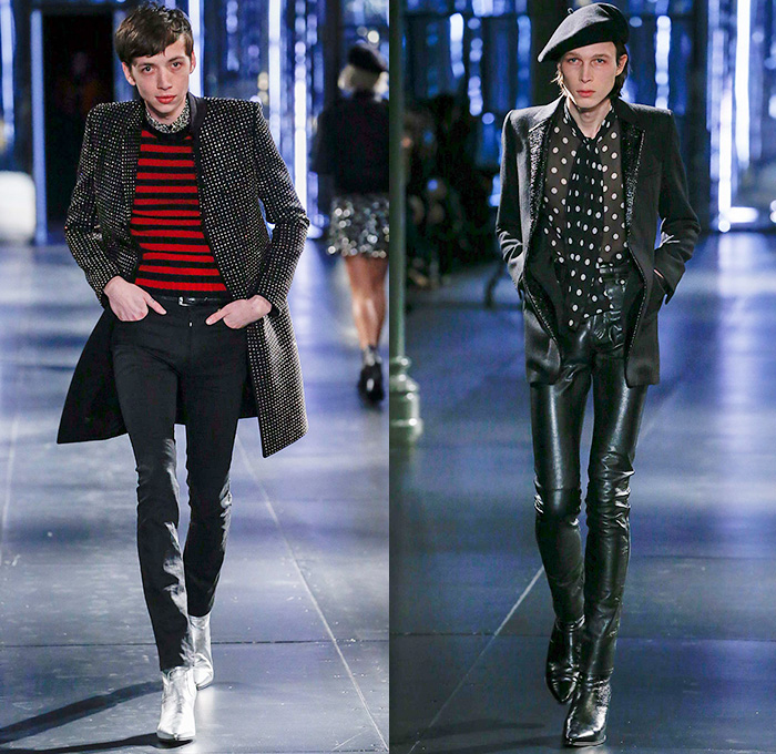 Saint Laurent 2015-2016 Fall Autumn Winter Mens Runway Catwalk Looks - Mode à Paris Fashion Week Mode Masculine France - Mod Rocker Black Slim Skinny Denim Jeans Motorcycle Biker Leather Zebra Leopard Cheetah Crocodile Alligator Outerwear Coat Boots Wool Furry Lace Metallic Trench Coat Cape Cloak Knit Sweater Jumper Stripes Polka Dots Blazer Tuxedo Bomber Jacket Zippers Slashed Zigzag