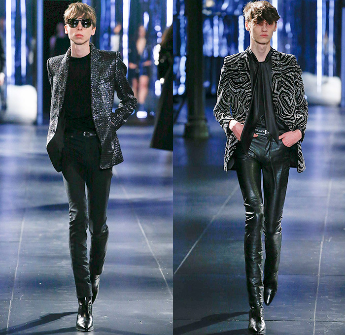 Saint Laurent 2015-2016 Fall Autumn Winter Mens Runway Catwalk Looks - Mode à Paris Fashion Week Mode Masculine France - Mod Rocker Black Slim Skinny Denim Jeans Motorcycle Biker Leather Zebra Leopard Cheetah Crocodile Alligator Outerwear Coat Boots Wool Furry Lace Metallic Trench Coat Cape Cloak Knit Sweater Jumper Stripes Polka Dots Blazer Tuxedo Bomber Jacket Zippers Slashed Zigzag