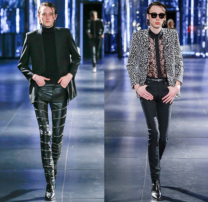 Saint Laurent 2015-2016 Fall Autumn Winter Mens Runway Catwalk Looks - Mode à Paris Fashion Week Mode Masculine France - Mod Rocker Black Slim Skinny Denim Jeans Motorcycle Biker Leather Zebra Leopard Cheetah Crocodile Alligator Outerwear Coat Boots Wool Furry Lace Metallic Trench Coat Cape Cloak Knit Sweater Jumper Stripes Polka Dots Blazer Tuxedo Bomber Jacket Zippers Slashed Zigzag