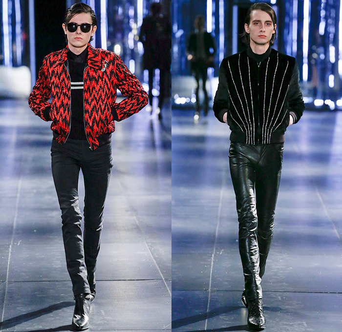 Saint Laurent 2015-2016 Fall Autumn Winter Mens Runway Catwalk Looks - Mode à Paris Fashion Week Mode Masculine France - Mod Rocker Black Slim Skinny Denim Jeans Motorcycle Biker Leather Zebra Leopard Cheetah Crocodile Alligator Outerwear Coat Boots Wool Furry Lace Metallic Trench Coat Cape Cloak Knit Sweater Jumper Stripes Polka Dots Blazer Tuxedo Bomber Jacket Zippers Slashed Zigzag