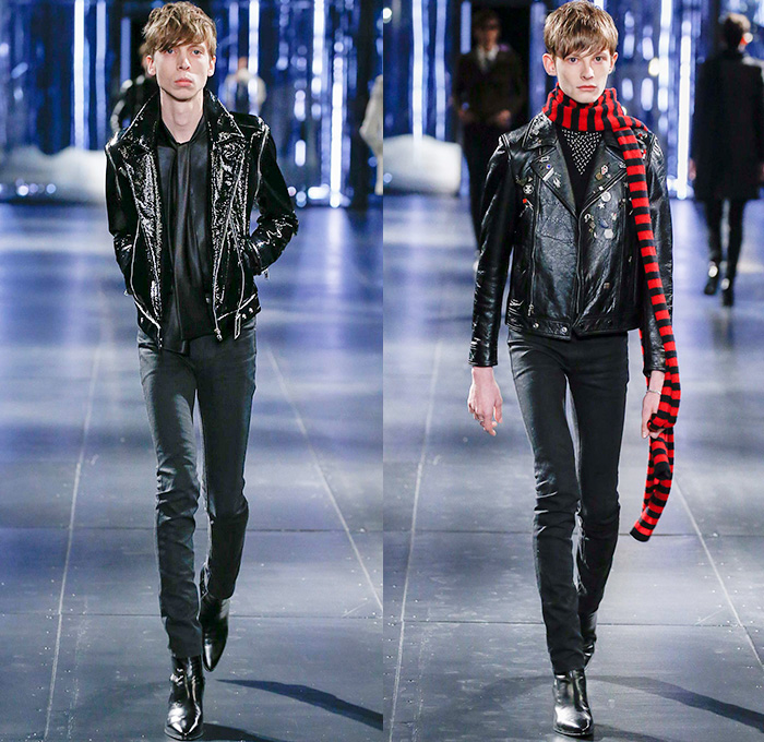 Saint Laurent 2015-2016 Fall Autumn Winter Mens Runway Catwalk Looks - Mode à Paris Fashion Week Mode Masculine France - Mod Rocker Black Slim Skinny Denim Jeans Motorcycle Biker Leather Zebra Leopard Cheetah Crocodile Alligator Outerwear Coat Boots Wool Furry Lace Metallic Trench Coat Cape Cloak Knit Sweater Jumper Stripes Polka Dots Blazer Tuxedo Bomber Jacket Zippers Slashed Zigzag