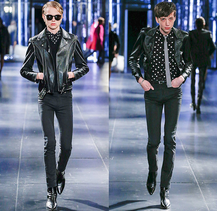 Saint Laurent 2015-2016 Fall Autumn Winter Mens Runway Catwalk Looks - Mode à Paris Fashion Week Mode Masculine France - Mod Rocker Black Slim Skinny Denim Jeans Motorcycle Biker Leather Zebra Leopard Cheetah Crocodile Alligator Outerwear Coat Boots Wool Furry Lace Metallic Trench Coat Cape Cloak Knit Sweater Jumper Stripes Polka Dots Blazer Tuxedo Bomber Jacket Zippers Slashed Zigzag