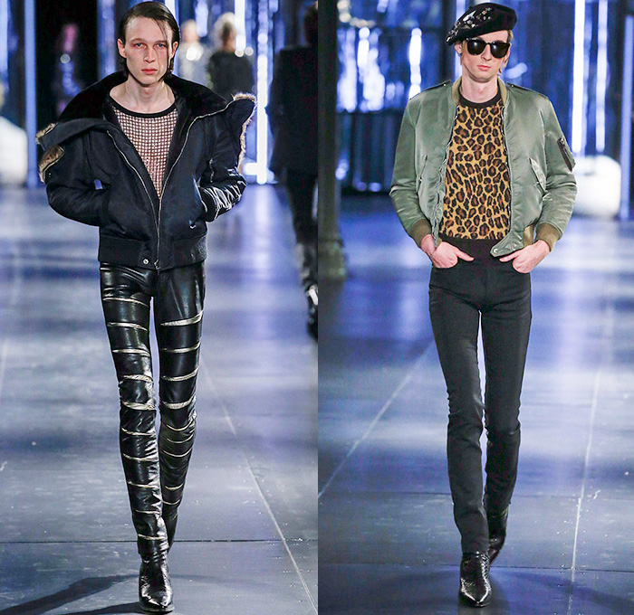 Saint Laurent 2015-2016 Fall Autumn Winter Mens Runway Catwalk Looks - Mode à Paris Fashion Week Mode Masculine France - Mod Rocker Black Slim Skinny Denim Jeans Motorcycle Biker Leather Zebra Leopard Cheetah Crocodile Alligator Outerwear Coat Boots Wool Furry Lace Metallic Trench Coat Cape Cloak Knit Sweater Jumper Stripes Polka Dots Blazer Tuxedo Bomber Jacket Zippers Slashed Zigzag