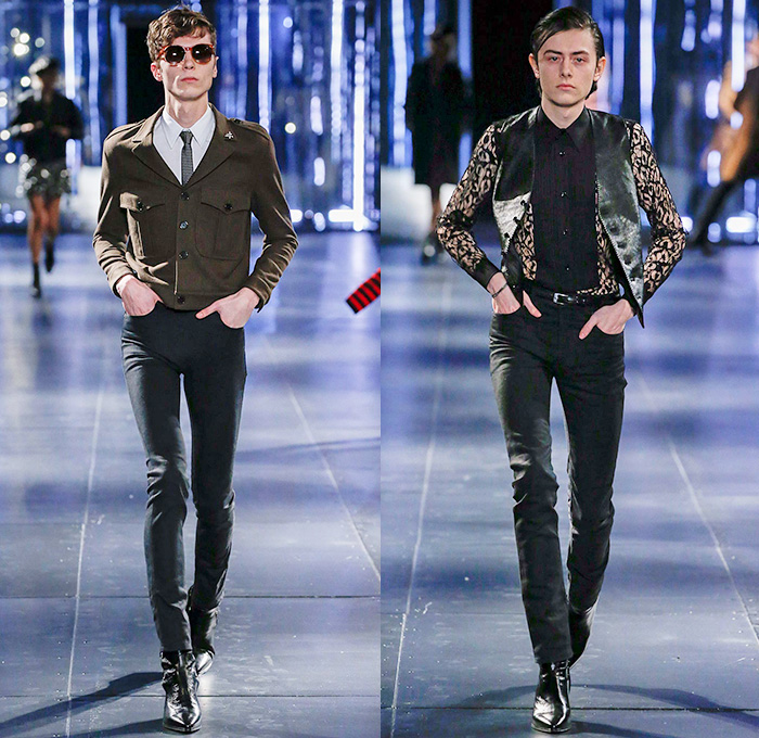 Saint Laurent 2015-2016 Fall Autumn Winter Mens Runway Catwalk Looks - Mode à Paris Fashion Week Mode Masculine France - Mod Rocker Black Slim Skinny Denim Jeans Motorcycle Biker Leather Zebra Leopard Cheetah Crocodile Alligator Outerwear Coat Boots Wool Furry Lace Metallic Trench Coat Cape Cloak Knit Sweater Jumper Stripes Polka Dots Blazer Tuxedo Bomber Jacket Zippers Slashed Zigzag