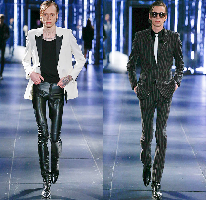 Saint Laurent 2015-2016 Fall Autumn Winter Mens Runway Catwalk Looks - Mode à Paris Fashion Week Mode Masculine France - Mod Rocker Black Slim Skinny Denim Jeans Motorcycle Biker Leather Zebra Leopard Cheetah Crocodile Alligator Outerwear Coat Boots Wool Furry Lace Metallic Trench Coat Cape Cloak Knit Sweater Jumper Stripes Polka Dots Blazer Tuxedo Bomber Jacket Zippers Slashed Zigzag