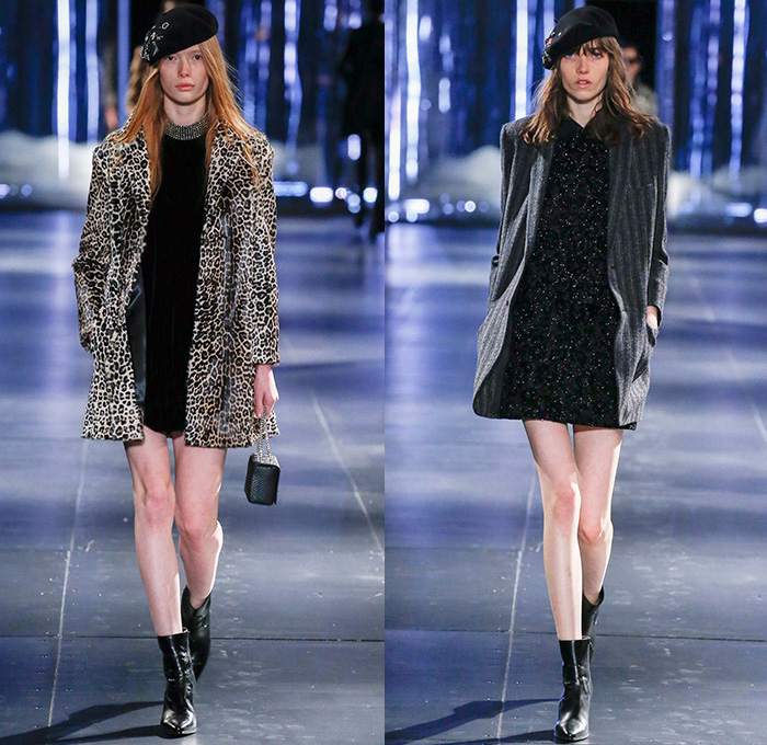 Saint Laurent 2015-2016 Fall Autumn Winter Womens Runway Catwalk Looks - Mode à Paris Fashion Week Mode Masculine France - Rocker Dress Stripes Silk Metallic Coatdress Leopard Tiger Blazer Furry Lace One Off Shoulder Embroidery 3D Embellishments Adornments Outerwear Parka Leather