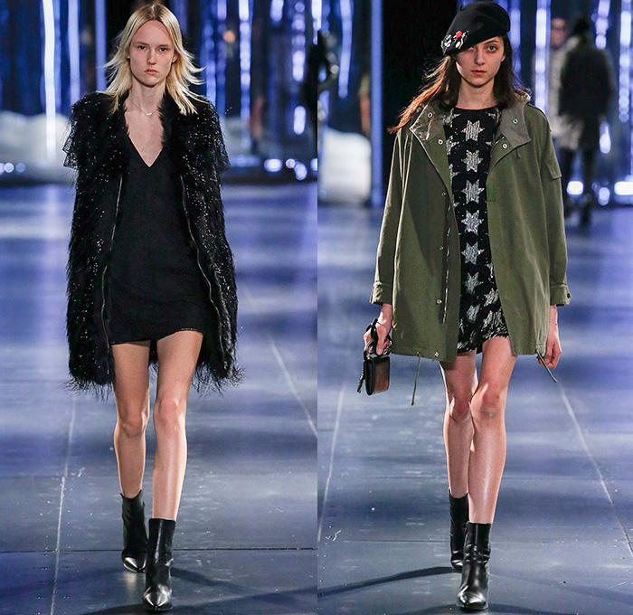 Saint Laurent 2015-2016 Fall Autumn Winter Womens Runway Catwalk Looks - Mode à Paris Fashion Week Mode Masculine France - Rocker Dress Stripes Silk Metallic Coatdress Leopard Tiger Blazer Furry Lace One Off Shoulder Embroidery 3D Embellishments Adornments Outerwear Parka Leather