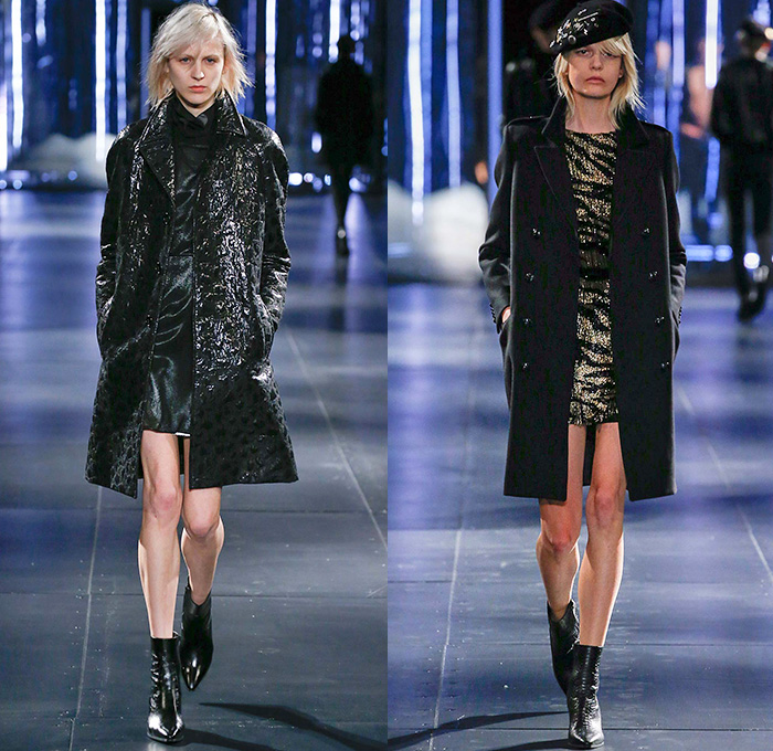 Saint Laurent 2015-2016 Fall Autumn Winter Womens Runway Catwalk Looks - Mode à Paris Fashion Week Mode Masculine France - Rocker Dress Stripes Silk Metallic Coatdress Leopard Tiger Blazer Furry Lace One Off Shoulder Embroidery 3D Embellishments Adornments Outerwear Parka Leather