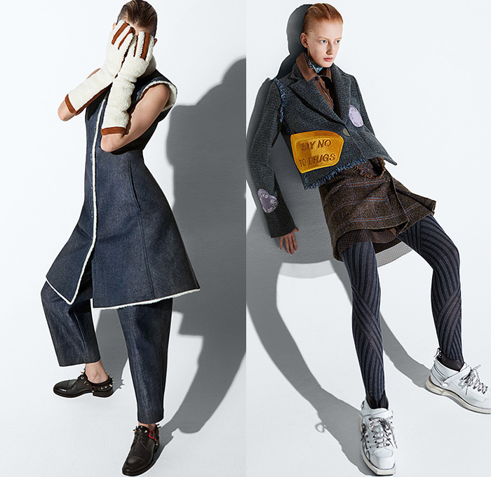 Acne Studios 2015 Pre Fall Autumn Womens Lookbook Presentation - Denim Jeans Dress Frayed Knit Windowpane Check Oversized Coat Houndstooth Safety Pin Lace Cropped Pants Trousers Gloves Blazer Tartan Leggings Sneakers Sporty Spikes Boots Shawl Cloak Scarf Blouse Preppy Knot Ribbon Beanie Chunky Knit Cap Wrap Robe Multi-Panel Shearling Cargo Pockets Vest Waistcoat Sheer Chiffon Leather Double Breasted