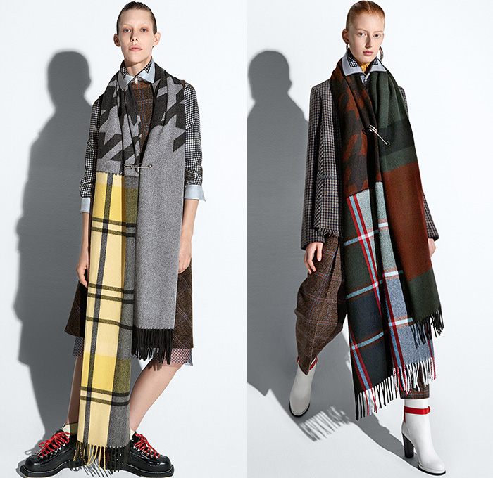 Acne Studios 2015 Pre Fall Autumn Womens Lookbook Presentation - Denim Jeans Dress Frayed Knit Windowpane Check Oversized Coat Houndstooth Safety Pin Lace Cropped Pants Trousers Gloves Blazer Tartan Leggings Sneakers Sporty Spikes Boots Shawl Cloak Scarf Blouse Preppy Knot Ribbon Beanie Chunky Knit Cap Wrap Robe Multi-Panel Shearling Cargo Pockets Vest Waistcoat Sheer Chiffon Leather Double Breasted