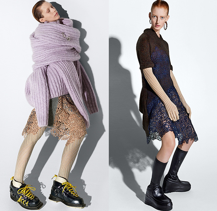 Acne Studios 2015 Pre Fall Autumn Womens Lookbook Presentation - Denim Jeans Dress Frayed Knit Windowpane Check Oversized Coat Houndstooth Safety Pin Lace Cropped Pants Trousers Gloves Blazer Tartan Leggings Sneakers Sporty Spikes Boots Shawl Cloak Scarf Blouse Preppy Knot Ribbon Beanie Chunky Knit Cap Wrap Robe Multi-Panel Shearling Cargo Pockets Vest Waistcoat Sheer Chiffon Leather Double Breasted