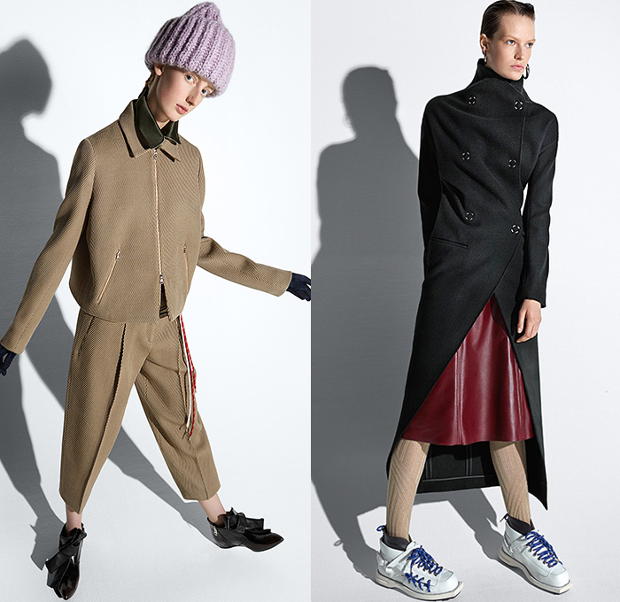 Acne Studios 2015 Pre Fall Autumn Womens Lookbook Presentation - Denim Jeans Dress Frayed Knit Windowpane Check Oversized Coat Houndstooth Safety Pin Lace Cropped Pants Trousers Gloves Blazer Tartan Leggings Sneakers Sporty Spikes Boots Shawl Cloak Scarf Blouse Preppy Knot Ribbon Beanie Chunky Knit Cap Wrap Robe Multi-Panel Shearling Cargo Pockets Vest Waistcoat Sheer Chiffon Leather Double Breasted