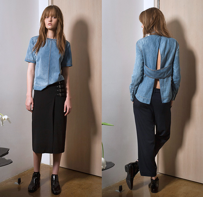 A.L.C. Andrea Lieberman Collection 2015 Pre Fall Autumn Womens Lookbook Presentation - Denim Jeans Shirt Banded Strap Belts Lace Midi Skirt Waistcoat Accordion Pleats Frock Back Slit Cropped Cargo Pants Trousers Flap Pockets Sleeveless Blouse Sweater Jumper High Waist Dress Petals Flowers Florals Zigzag Sheer Chiffon Cut Sleeve Outerwear Trench Coat Vestdress Long Sleeve