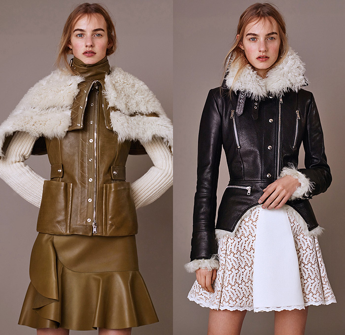 Alexander McQueen 2015 Pre Fall Autumn Womens Lookbook Presentation - Victorian Shearling Leather Chunky Knit Sweater Ruffles Bell Sleeves Lace Turtleneck Corset Belt Flowers   Outerwear Capelet Jumper Skirt Frock Miniskirt Concave Asymmetrical Hem Aviator Jacket Bag Multi-Panel Dress Florals Botanical Print Graphic Pattern Sheer Chiffon Tiered Double Breasted Coatdress Gown