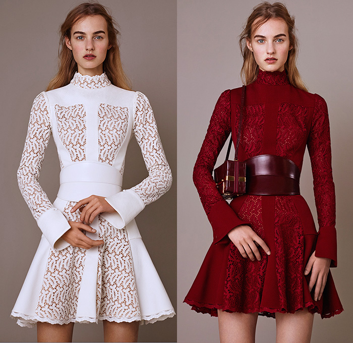 Alexander McQueen 2015 Pre Fall Autumn Womens Lookbook Presentation - Victorian Shearling Leather Chunky Knit Sweater Ruffles Bell Sleeves Lace Turtleneck Corset Belt Flowers   Outerwear Capelet Jumper Skirt Frock Miniskirt Concave Asymmetrical Hem Aviator Jacket Bag Multi-Panel Dress Florals Botanical Print Graphic Pattern Sheer Chiffon Tiered Double Breasted Coatdress Gown