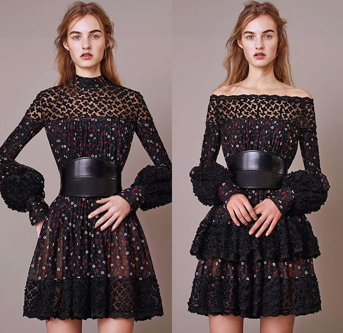 Alexander McQueen 2015 Pre Fall Autumn Womens Lookbook Presentation - Victorian Shearling Leather Chunky Knit Sweater Ruffles Bell Sleeves Lace Turtleneck Corset Belt Flowers   Outerwear Capelet Jumper Skirt Frock Miniskirt Concave Asymmetrical Hem Aviator Jacket Bag Multi-Panel Dress Florals Botanical Print Graphic Pattern Sheer Chiffon Tiered Double Breasted Coatdress Gown