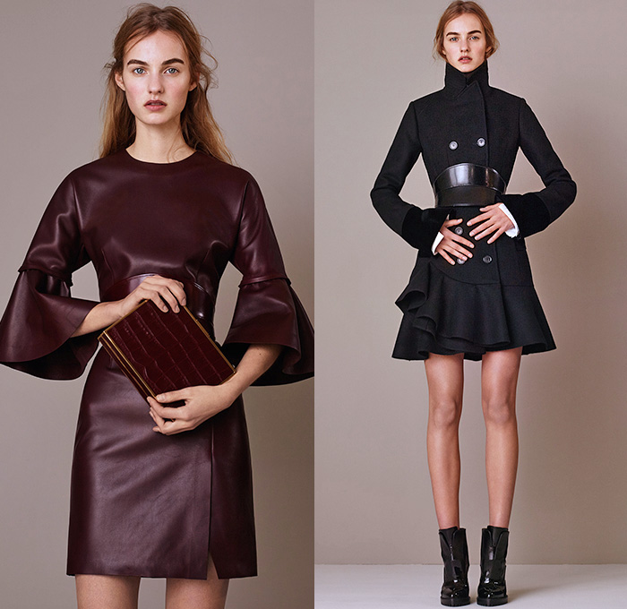 Alexander McQueen 2015 Pre Fall Autumn Womens Lookbook Presentation - Victorian Shearling Leather Chunky Knit Sweater Ruffles Bell Sleeves Lace Turtleneck Corset Belt Flowers   Outerwear Capelet Jumper Skirt Frock Miniskirt Concave Asymmetrical Hem Aviator Jacket Bag Multi-Panel Dress Florals Botanical Print Graphic Pattern Sheer Chiffon Tiered Double Breasted Coatdress Gown