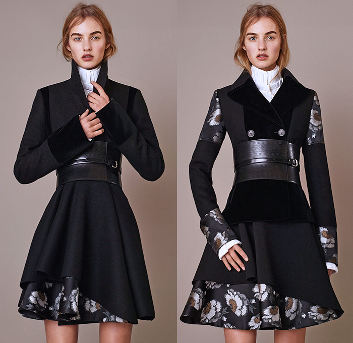 Alexander McQueen 2015 Pre Fall Autumn Womens Lookbook Presentation - Victorian Shearling Leather Chunky Knit Sweater Ruffles Bell Sleeves Lace Turtleneck Corset Belt Flowers   Outerwear Capelet Jumper Skirt Frock Miniskirt Concave Asymmetrical Hem Aviator Jacket Bag Multi-Panel Dress Florals Botanical Print Graphic Pattern Sheer Chiffon Tiered Double Breasted Coatdress Gown