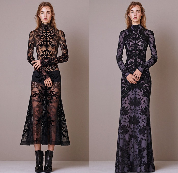 Alexander McQueen 2015 Pre Fall Autumn Womens Lookbook Presentation - Victorian Shearling Leather Chunky Knit Sweater Ruffles Bell Sleeves Lace Turtleneck Corset Belt Flowers   Outerwear Capelet Jumper Skirt Frock Miniskirt Concave Asymmetrical Hem Aviator Jacket Bag Multi-Panel Dress Florals Botanical Print Graphic Pattern Sheer Chiffon Tiered Double Breasted Coatdress Gown