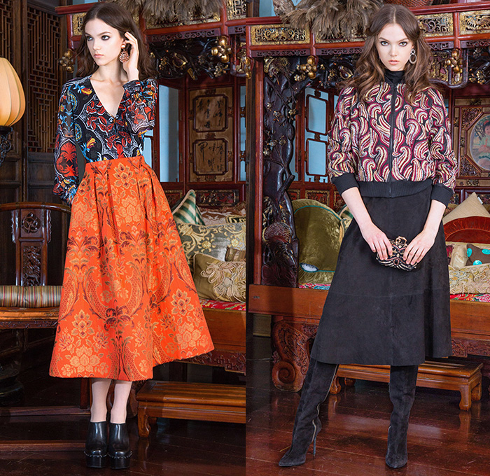 alice + olivia by Stacey Bendet 2015 Pre Fall Autumn Womens Lookbook Presentation - Culottes Palazzo Pants Leopard Lace Embroidery Coat Suede Knit Midi Skirt Fringes Sequins Sweater Jumper Blazer Leggings Wide Leg Pants Trousers Animal Print Pattern Pantsuit Outerwear Embroidery 3D Embellishments Adornments Bejeweled Turtleneck Hanging Sleeve Cape Cloak Reptile Snake Leaves Foliage Stripes Dress Gown Flowers Florals