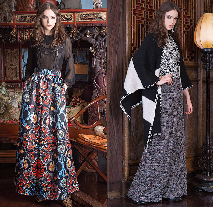 alice + olivia by Stacey Bendet 2015 Pre Fall Autumn Womens Lookbook Presentation - Culottes Palazzo Pants Leopard Lace Embroidery Coat Suede Knit Midi Skirt Fringes Sequins Sweater Jumper Blazer Leggings Wide Leg Pants Trousers Animal Print Pattern Pantsuit Outerwear Embroidery 3D Embellishments Adornments Bejeweled Turtleneck Hanging Sleeve Cape Cloak Reptile Snake Leaves Foliage Stripes Dress Gown Flowers Florals