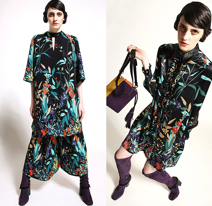 Antonio Marras 2015 Pre Fall Autumn Womens Lookbook Presentation - Flowers Garden Culottes Skirt Shirtdress Coat Turtleneck Knit Cardigan Russian Motif Crepe Tunic Flowers Florals Botanical Print Graphic Pattern Fauna Leaves Foliage Blouse Wide Leg Palazzo Pants Boots Outerwear Maxi Dress Maxi Sweater Jumper Embroidery Silk Color Block Leggings Chunky Stripes Ushanka Windowpane Check Zigzag Lace