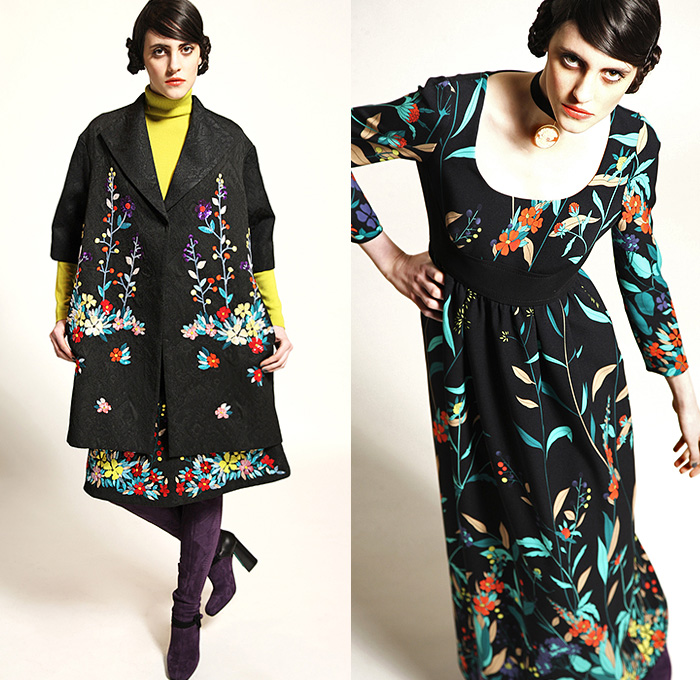 Antonio Marras 2015 Pre Fall Autumn Womens Lookbook Presentation - Flowers Garden Culottes Skirt Shirtdress Coat Turtleneck Knit Cardigan Russian Motif Crepe Tunic Flowers Florals Botanical Print Graphic Pattern Fauna Leaves Foliage Blouse Wide Leg Palazzo Pants Boots Outerwear Maxi Dress Maxi Sweater Jumper Embroidery Silk Color Block Leggings Chunky Stripes Ushanka Windowpane Check Zigzag Lace