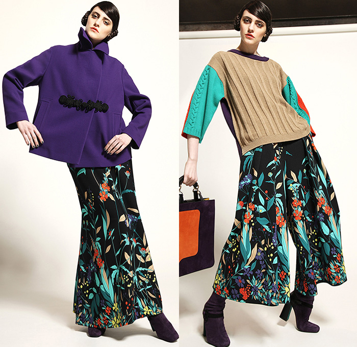 Antonio Marras 2015 Pre Fall Autumn Womens Lookbook Presentation - Flowers Garden Culottes Skirt Shirtdress Coat Turtleneck Knit Cardigan Russian Motif Crepe Tunic Flowers Florals Botanical Print Graphic Pattern Fauna Leaves Foliage Blouse Wide Leg Palazzo Pants Boots Outerwear Maxi Dress Maxi Sweater Jumper Embroidery Silk Color Block Leggings Chunky Stripes Ushanka Windowpane Check Zigzag Lace