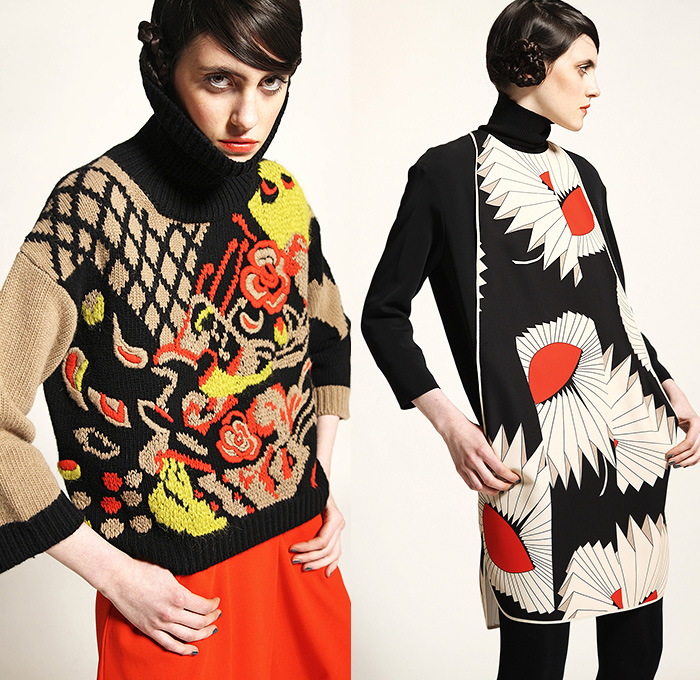 Antonio Marras 2015 Pre Fall Autumn Womens Lookbook Presentation - Flowers Garden Culottes Skirt Shirtdress Coat Turtleneck Knit Cardigan Russian Motif Crepe Tunic Flowers Florals Botanical Print Graphic Pattern Fauna Leaves Foliage Blouse Wide Leg Palazzo Pants Boots Outerwear Maxi Dress Maxi Sweater Jumper Embroidery Silk Color Block Leggings Chunky Stripes Ushanka Windowpane Check Zigzag Lace