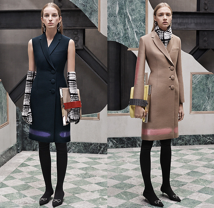 Balenciaga 2015 Pre Fall Autumn Womens Lookbook Presentation - Spray Paint Trench Coat Windowpane Check Mink Fur Denim Jeans Metal Buttons Studs Bomber Jacket Vestdress Gloves Arm Warmers Stockings Tights Scarf Coatdress Belted Waist Cropped Pants Fauna Leaves Foliage Emblem Capri Handbag Bag Shawl Blouse Mohair Pants Trousers Skirt Frock Cardigan High Slit Handkerchief Hem Turtleneck Dots Noodle Strap