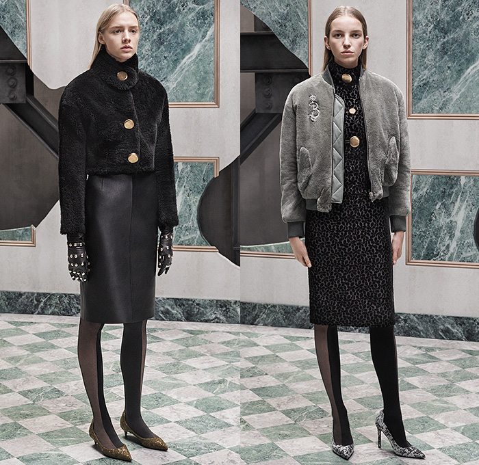 Balenciaga 2015 Pre Fall Autumn Womens Lookbook Presentation - Spray Paint Trench Coat Windowpane Check Mink Fur Denim Jeans Metal Buttons Studs Bomber Jacket Vestdress Gloves Arm Warmers Stockings Tights Scarf Coatdress Belted Waist Cropped Pants Fauna Leaves Foliage Emblem Capri Handbag Bag Shawl Blouse Mohair Pants Trousers Skirt Frock Cardigan High Slit Handkerchief Hem Turtleneck Dots Noodle Strap