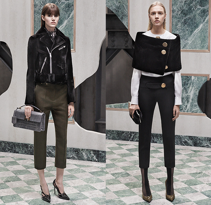 Balenciaga 2015 Pre Fall Autumn Womens Lookbook Presentation - Spray Paint Trench Coat Windowpane Check Mink Fur Denim Jeans Metal Buttons Studs Bomber Jacket Vestdress Gloves Arm Warmers Stockings Tights Scarf Coatdress Belted Waist Cropped Pants Fauna Leaves Foliage Emblem Capri Handbag Bag Shawl Blouse Mohair Pants Trousers Skirt Frock Cardigan High Slit Handkerchief Hem Turtleneck Dots Noodle Strap