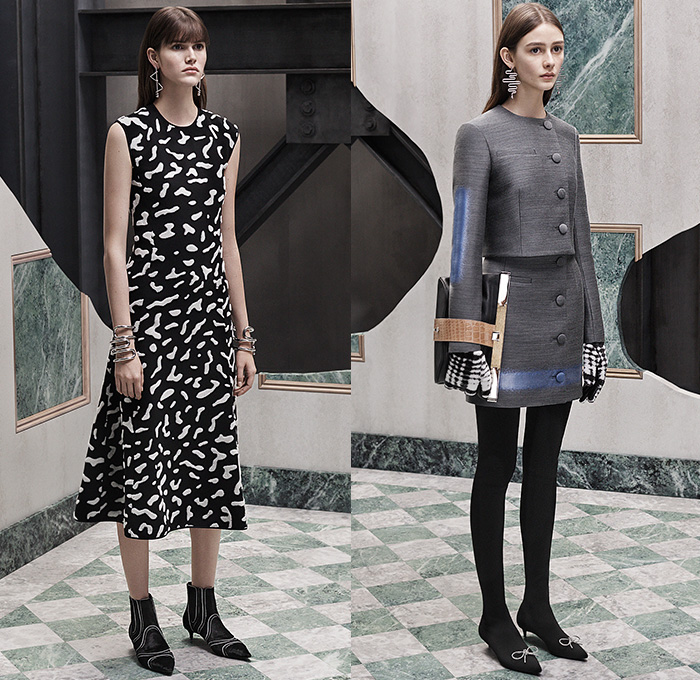 Balenciaga 2015 Pre Fall Autumn Womens Lookbook Presentation - Spray Paint Trench Coat Windowpane Check Mink Fur Denim Jeans Metal Buttons Studs Bomber Jacket Vestdress Gloves Arm Warmers Stockings Tights Scarf Coatdress Belted Waist Cropped Pants Fauna Leaves Foliage Emblem Capri Handbag Bag Shawl Blouse Mohair Pants Trousers Skirt Frock Cardigan High Slit Handkerchief Hem Turtleneck Dots Noodle Strap