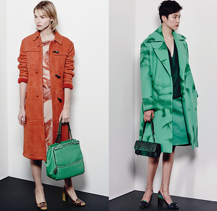 Bottega Veneta 2015 Pre Fall Autumn Womens Lookbook Presentation - Coat Silk Spray Paint Racing Checks Stripes Knit Sweater Dress Accordion Pleats Cardigan Cashmere Tweed Check Wool Wrap Outerwear Nautical Marinière Toggle Bag Handbag Skirt Frock Blouse Long Sleeve Flap Pockets Jumper Angular Hem Sheer Chiffon Blots Print Graphic Chain Solid