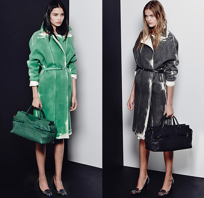 Bottega Veneta 2015 Pre Fall Autumn Womens Lookbook Presentation - Coat Silk Spray Paint Racing Checks Stripes Knit Sweater Dress Accordion Pleats Cardigan Cashmere Tweed Check Wool Wrap Outerwear Nautical Marinière Toggle Bag Handbag Skirt Frock Blouse Long Sleeve Flap Pockets Jumper Angular Hem Sheer Chiffon Blots Print Graphic Chain Solid