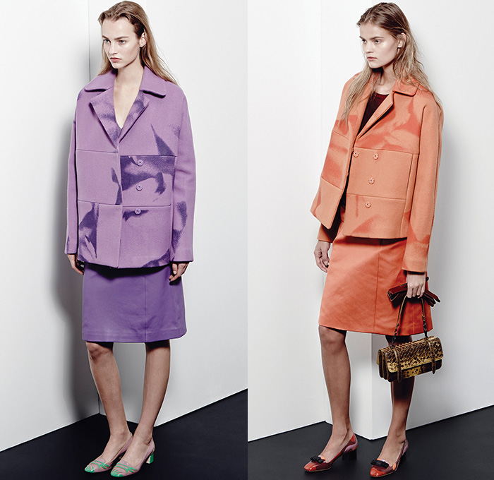 Bottega Veneta 2015 Pre Fall Autumn Womens Lookbook Presentation - Coat Silk Spray Paint Racing Checks Stripes Knit Sweater Dress Accordion Pleats Cardigan Cashmere Tweed Check Wool Wrap Outerwear Nautical Marinière Toggle Bag Handbag Skirt Frock Blouse Long Sleeve Flap Pockets Jumper Angular Hem Sheer Chiffon Blots Print Graphic Chain Solid