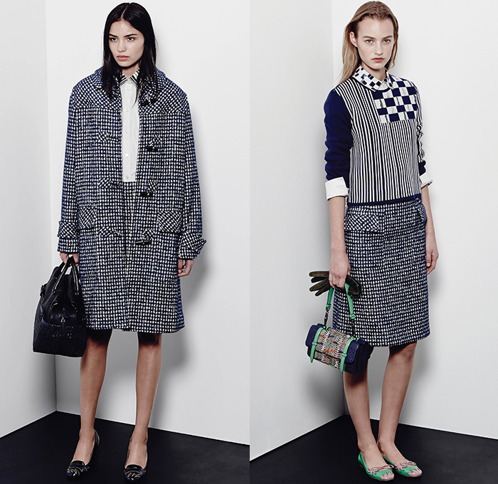 Bottega Veneta 2015 Pre Fall Autumn Womens Lookbook Presentation - Coat Silk Spray Paint Racing Checks Stripes Knit Sweater Dress Accordion Pleats Cardigan Cashmere Tweed Check Wool Wrap Outerwear Nautical Marinière Toggle Bag Handbag Skirt Frock Blouse Long Sleeve Flap Pockets Jumper Angular Hem Sheer Chiffon Blots Print Graphic Chain Solid