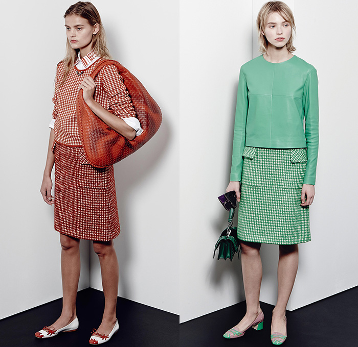 Bottega Veneta 2015 Pre Fall Autumn Womens Lookbook Presentation - Coat Silk Spray Paint Racing Checks Stripes Knit Sweater Dress Accordion Pleats Cardigan Cashmere Tweed Check Wool Wrap Outerwear Nautical Marinière Toggle Bag Handbag Skirt Frock Blouse Long Sleeve Flap Pockets Jumper Angular Hem Sheer Chiffon Blots Print Graphic Chain Solid