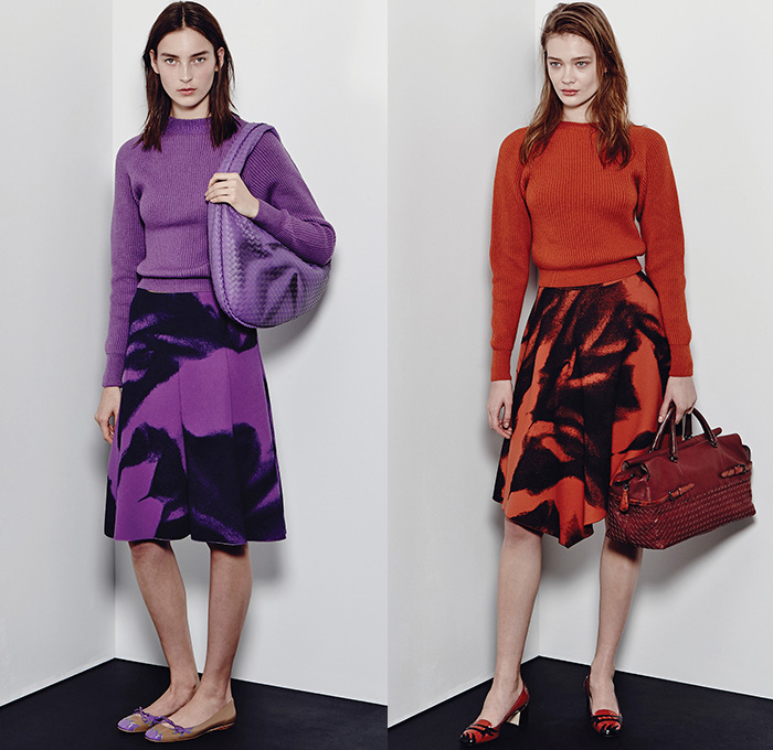 Bottega Veneta 2015 Pre Fall Autumn Womens Lookbook Presentation - Coat Silk Spray Paint Racing Checks Stripes Knit Sweater Dress Accordion Pleats Cardigan Cashmere Tweed Check Wool Wrap Outerwear Nautical Marinière Toggle Bag Handbag Skirt Frock Blouse Long Sleeve Flap Pockets Jumper Angular Hem Sheer Chiffon Blots Print Graphic Chain Solid