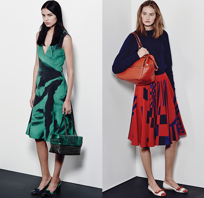 Bottega Veneta 2015 Pre Fall Autumn Womens Lookbook Presentation - Coat Silk Spray Paint Racing Checks Stripes Knit Sweater Dress Accordion Pleats Cardigan Cashmere Tweed Check Wool Wrap Outerwear Nautical Marinière Toggle Bag Handbag Skirt Frock Blouse Long Sleeve Flap Pockets Jumper Angular Hem Sheer Chiffon Blots Print Graphic Chain Solid