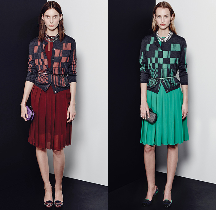 Bottega Veneta 2015 Pre Fall Autumn Womens Lookbook Presentation - Coat Silk Spray Paint Racing Checks Stripes Knit Sweater Dress Accordion Pleats Cardigan Cashmere Tweed Check Wool Wrap Outerwear Nautical Marinière Toggle Bag Handbag Skirt Frock Blouse Long Sleeve Flap Pockets Jumper Angular Hem Sheer Chiffon Blots Print Graphic Chain Solid