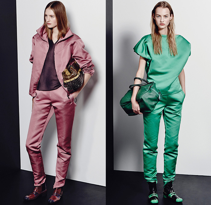 Bottega Veneta 2015 Pre Fall Autumn Womens Lookbook Presentation - Coat Silk Spray Paint Racing Checks Stripes Knit Sweater Dress Accordion Pleats Cardigan Cashmere Tweed Check Wool Wrap Outerwear Nautical Marinière Toggle Bag Handbag Skirt Frock Blouse Long Sleeve Flap Pockets Jumper Angular Hem Sheer Chiffon Blots Print Graphic Chain Solid