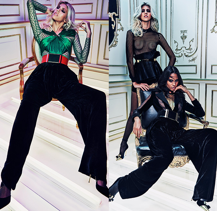 Balmain 2015 Pre Fall Autumn Womens Lookbook Presentation - Disco 1970s Seventies Wide Leg Palazzo Pants Velvet Stripes Tiered Ruffles Fringes Flare Bell Bottoms Outerwear Coat Jacket Blazer Turtleneck Flowers Florals Fauna Leaves Foliage Blouse Stockings Tights Miniskirt Sheer Chiffon Wide Belt Halter Top Dots Wrap One Shoulder Accordion Pleats Dress Gown Furry Flapper Bejeweled