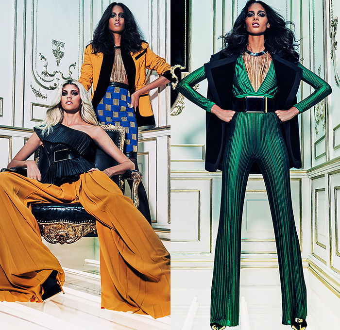 Balmain 2015 Pre Fall Autumn Womens Lookbook Presentation - Disco 1970s Seventies Wide Leg Palazzo Pants Velvet Stripes Tiered Ruffles Fringes Flare Bell Bottoms Outerwear Coat Jacket Blazer Turtleneck Flowers Florals Fauna Leaves Foliage Blouse Stockings Tights Miniskirt Sheer Chiffon Wide Belt Halter Top Dots Wrap One Shoulder Accordion Pleats Dress Gown Furry Flapper Bejeweled