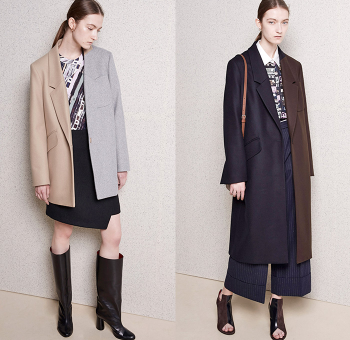 Carven Paris 2015 Pre Fall Autumn Womens Lookbook Presentation - Outerwear Coat Wrap Boots Wide Leg Palazzo Pants Midi Skirt Waistcoat Vest Lace Tartan Camo Combo Panels Half and Half Handkerchief Asymmetrical Hem Blazer Blouse Long Sleeve Stripes Handbag Skirt Frock Miniskirt Sweater Jumper Plaid Turtleneck Camouflage Furry Knit Chunky Cassette Tape V-Neck Shorts Bomber Jacket