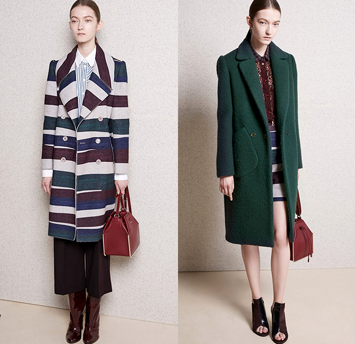 Carven Paris 2015 Pre Fall Autumn Womens Lookbook Presentation - Outerwear Coat Wrap Boots Wide Leg Palazzo Pants Midi Skirt Waistcoat Vest Lace Tartan Camo Combo Panels Half and Half Handkerchief Asymmetrical Hem Blazer Blouse Long Sleeve Stripes Handbag Skirt Frock Miniskirt Sweater Jumper Plaid Turtleneck Camouflage Furry Knit Chunky Cassette Tape V-Neck Shorts Bomber Jacket