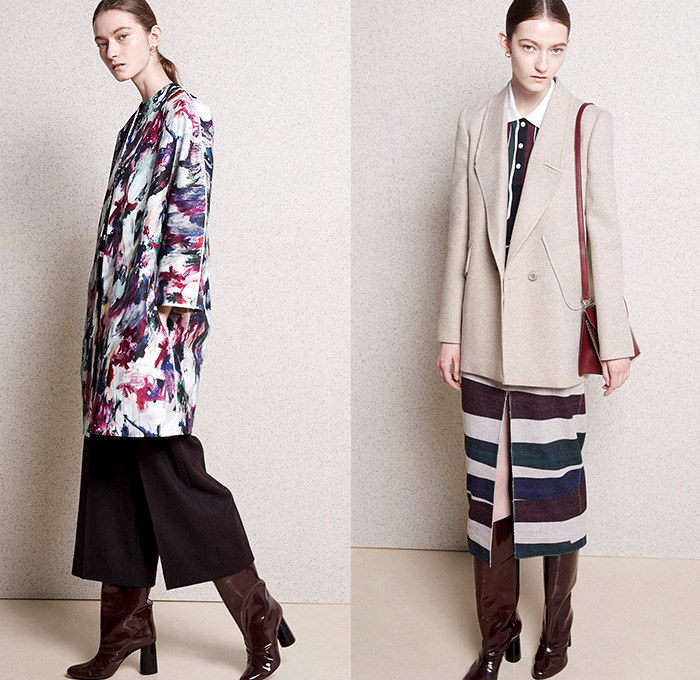 Carven Paris 2015 Pre Fall Autumn Womens Lookbook Presentation - Outerwear Coat Wrap Boots Wide Leg Palazzo Pants Midi Skirt Waistcoat Vest Lace Tartan Camo Combo Panels Half and Half Handkerchief Asymmetrical Hem Blazer Blouse Long Sleeve Stripes Handbag Skirt Frock Miniskirt Sweater Jumper Plaid Turtleneck Camouflage Furry Knit Chunky Cassette Tape V-Neck Shorts Bomber Jacket