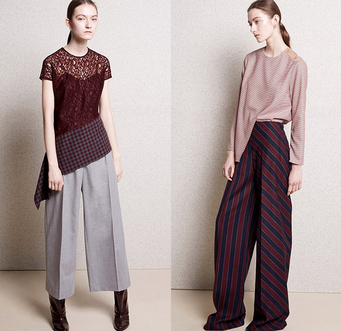 Carven Paris 2015 Pre Fall Autumn Womens Lookbook Presentation - Outerwear Coat Wrap Boots Wide Leg Palazzo Pants Midi Skirt Waistcoat Vest Lace Tartan Camo Combo Panels Half and Half Handkerchief Asymmetrical Hem Blazer Blouse Long Sleeve Stripes Handbag Skirt Frock Miniskirt Sweater Jumper Plaid Turtleneck Camouflage Furry Knit Chunky Cassette Tape V-Neck Shorts Bomber Jacket