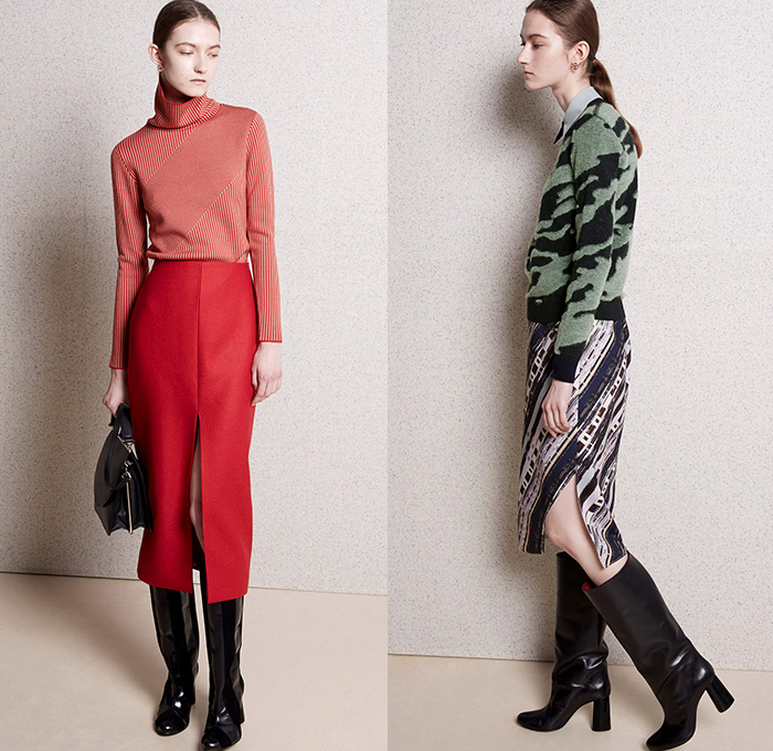 Carven Paris 2015 Pre Fall Autumn Womens Lookbook Presentation - Outerwear Coat Wrap Boots Wide Leg Palazzo Pants Midi Skirt Waistcoat Vest Lace Tartan Camo Combo Panels Half and Half Handkerchief Asymmetrical Hem Blazer Blouse Long Sleeve Stripes Handbag Skirt Frock Miniskirt Sweater Jumper Plaid Turtleneck Camouflage Furry Knit Chunky Cassette Tape V-Neck Shorts Bomber Jacket