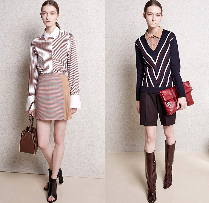 Carven Paris 2015 Pre Fall Autumn Womens Lookbook Presentation - Outerwear Coat Wrap Boots Wide Leg Palazzo Pants Midi Skirt Waistcoat Vest Lace Tartan Camo Combo Panels Half and Half Handkerchief Asymmetrical Hem Blazer Blouse Long Sleeve Stripes Handbag Skirt Frock Miniskirt Sweater Jumper Plaid Turtleneck Camouflage Furry Knit Chunky Cassette Tape V-Neck Shorts Bomber Jacket